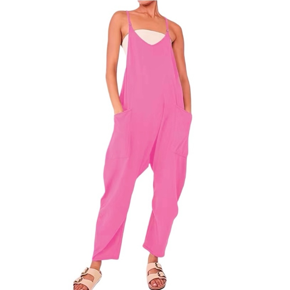 Womens Hot Pink Spaghetti Strap Jumpsuit Loose Fit Relaxed Pants Jumper Size Med